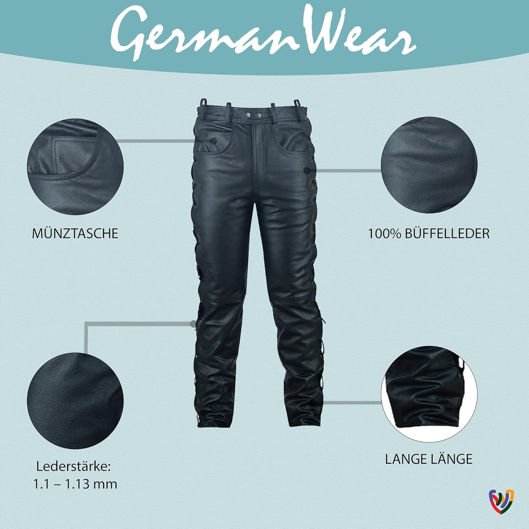 German Wear Lederhose lederjeans bikerjeans Büffelleder seitlich geschnürt Schwarz 50 Schwarz, 50 Sc