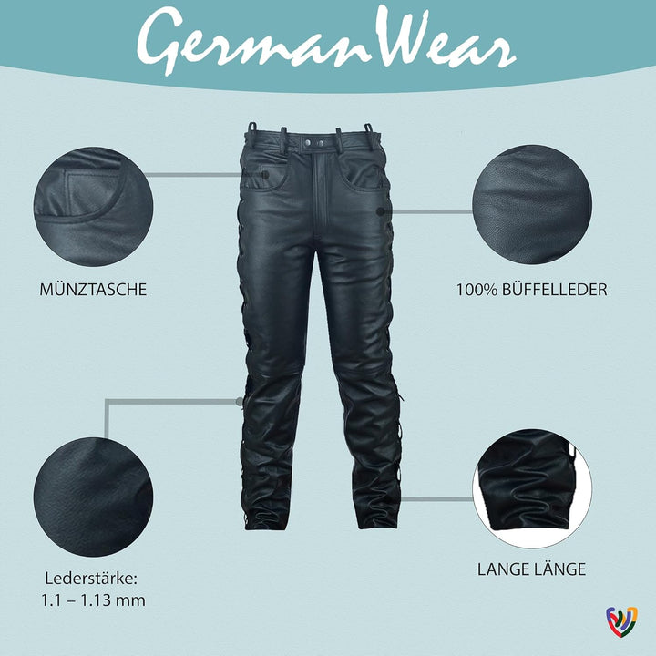 German Wear Lederhose lederjeans bikerjeans Büffelleder seitlich geschnürt Schwarz 54 Schwarz, 54 Sc