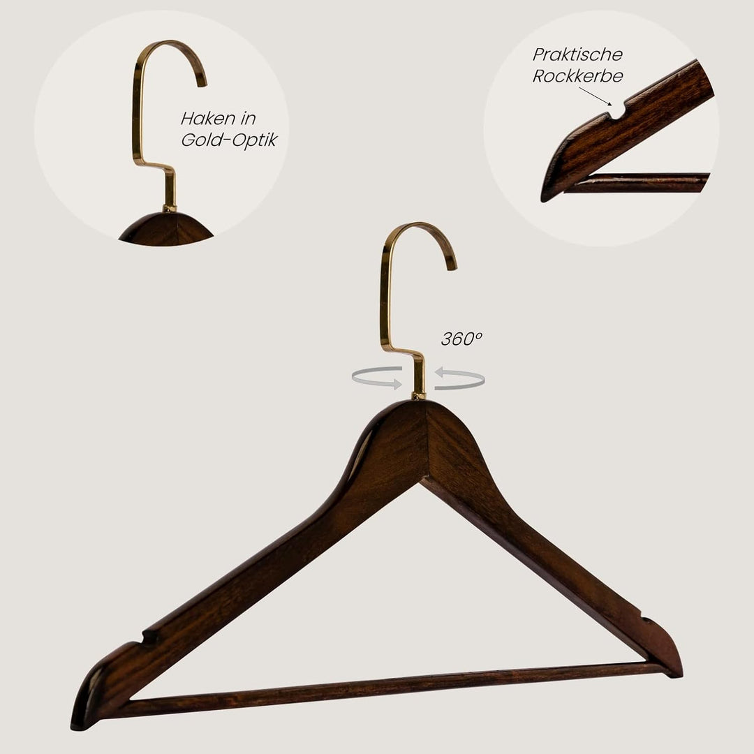RSR-Hangers 10 Stück Kleiderbügel Holz Braun Holzkleiderbügel mit Hosensteg 44,5 cm | 360° drehbarer