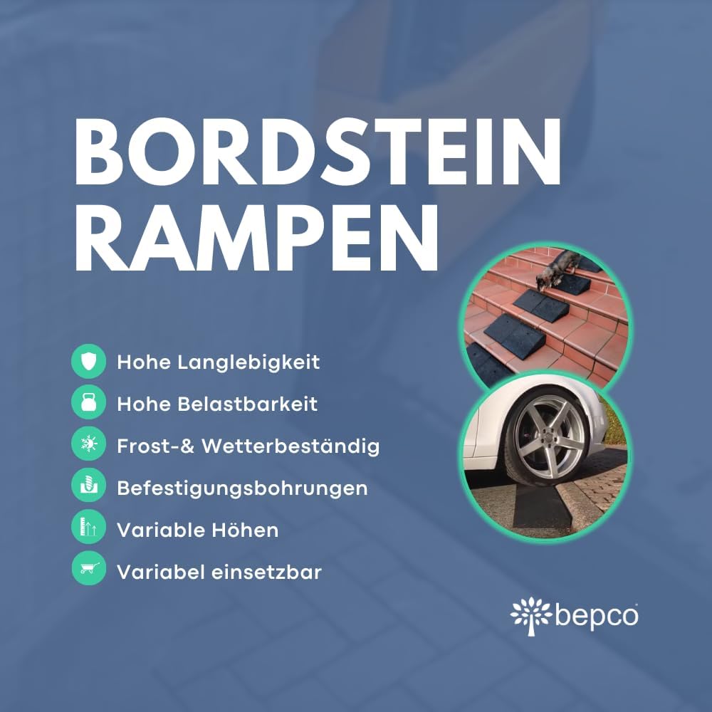 bepco Bordsteinkanten-Rampe aus Gummifasern (schwarz) - Auffahrrampe - Türschwellenrampe mit eingela