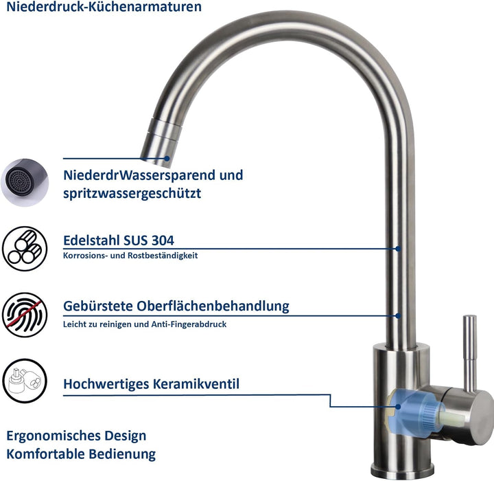 Niederdruck Küchenarmatur, 360° Schwenkbar Küchenarmatur, Leicht Zerlegbar und Reinigen, Spültischar