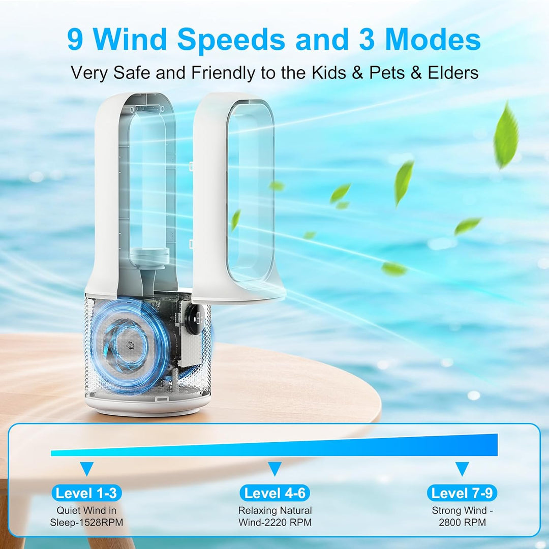 13''Turmventilator Blattlos,9 Stufen,60° Oszillation,Dreistufig Dimmbares LED-Nachtlicht &Timer, Ult