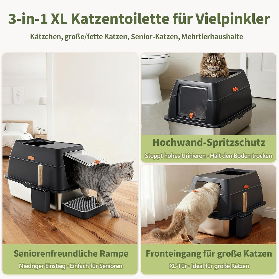 Gimars 3 in 1 Hochwandiger Anti-Auslauf Edelstahl Katzentoilette XXL mit Deckel, Extra Grosses Gesch