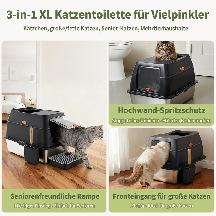 Gimars 3 in 1 Hochwandiger Anti-Auslauf Edelstahl Katzentoilette XXL mit Deckel, Extra Grosses Gesch