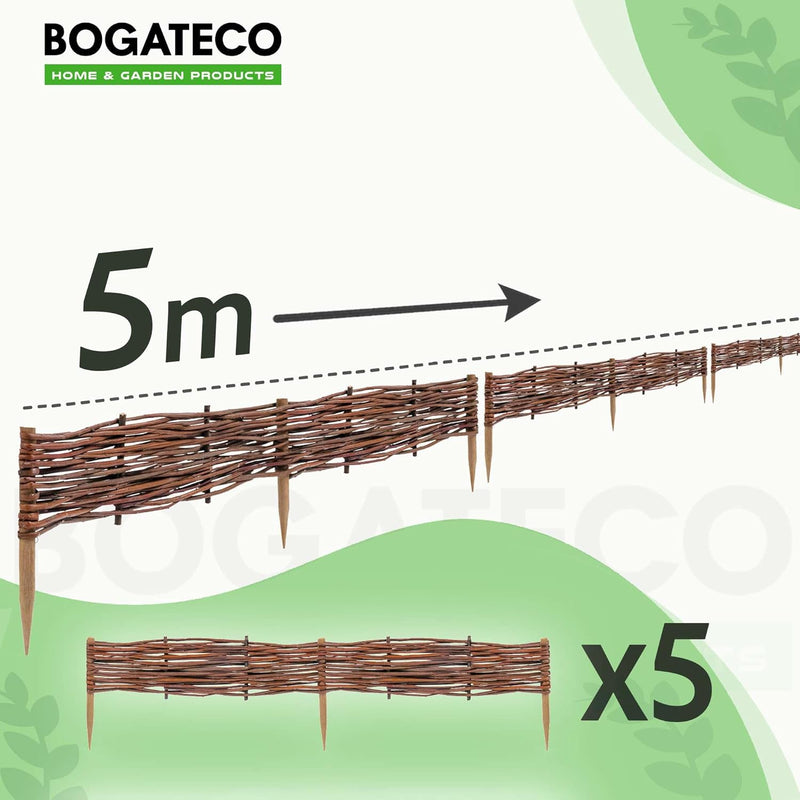 BOGATECO 5 x Beeteinfassung aus Weide | 100 cm Lang & 10 cm Hoch | Holz-Zaun Rasenkante | Weiden-Zau