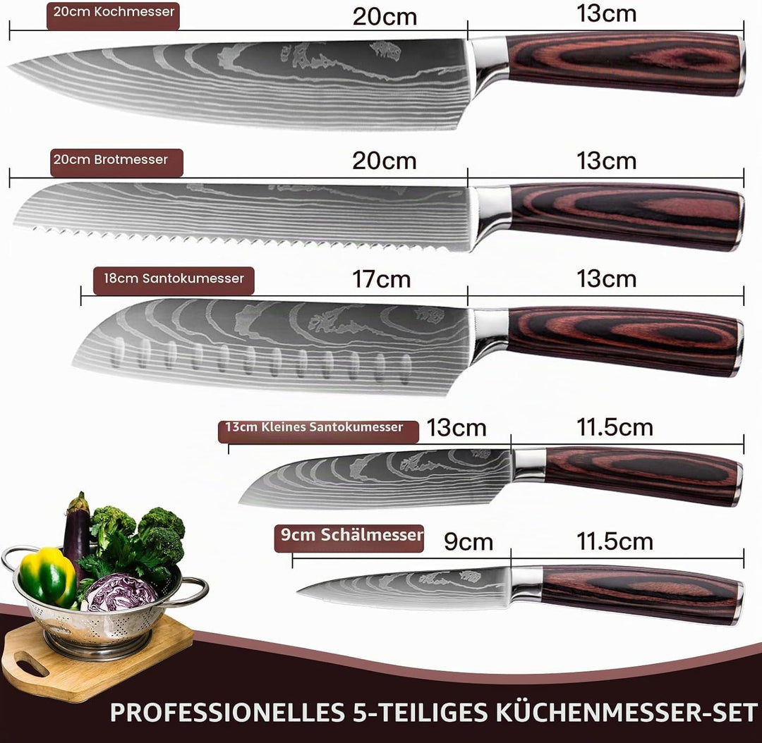 Messerset 5-tlg, Küchenmesser Set aus Hochwertigem Edelstahl, Premium Küchenmesserset Ergonomischem