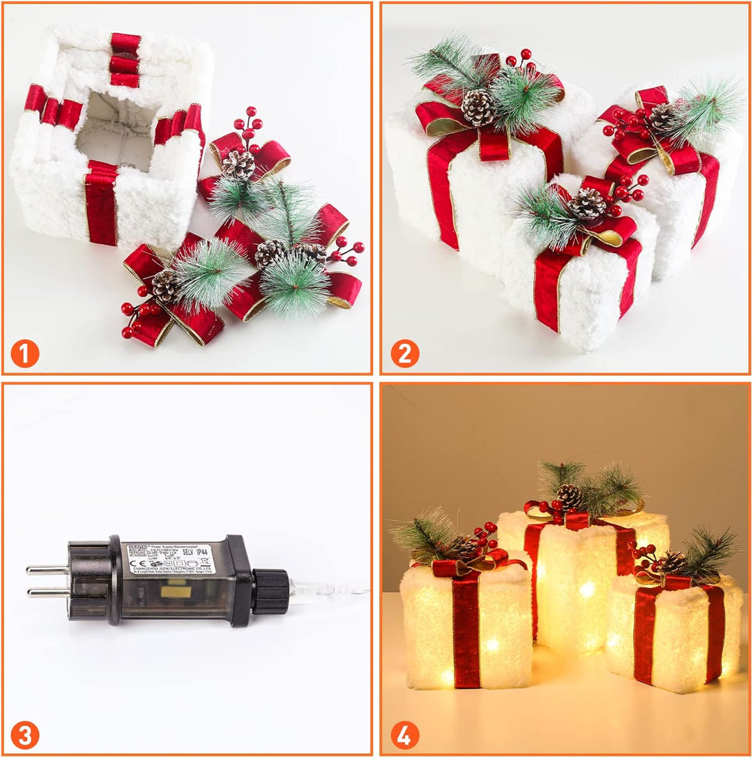 ELKTRY LED Geschenkbox, Weihnachtsdeko mit 60 LED 3 Set aussen innen, Beleuchte Weihnachtenbox mit b