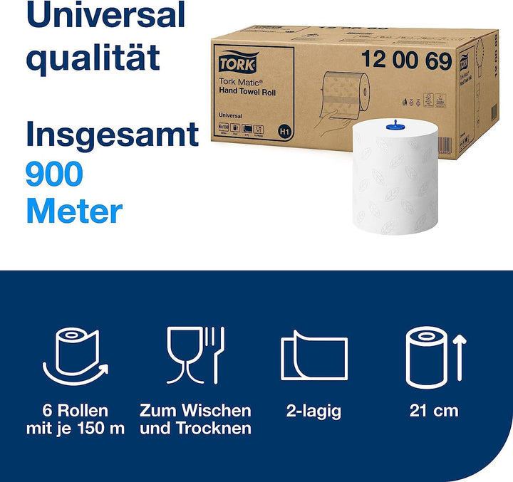 Tork Matic Spender für Rollenhandtücher Weiss H1-6 × 150 m-Rollen, 120069 + Tork Matic extra langes