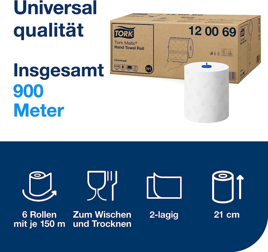 Tork Matic Spender für Rollenhandtücher Weiss H1-6 × 150 m-Rollen, 120069 + Tork Matic extra langes