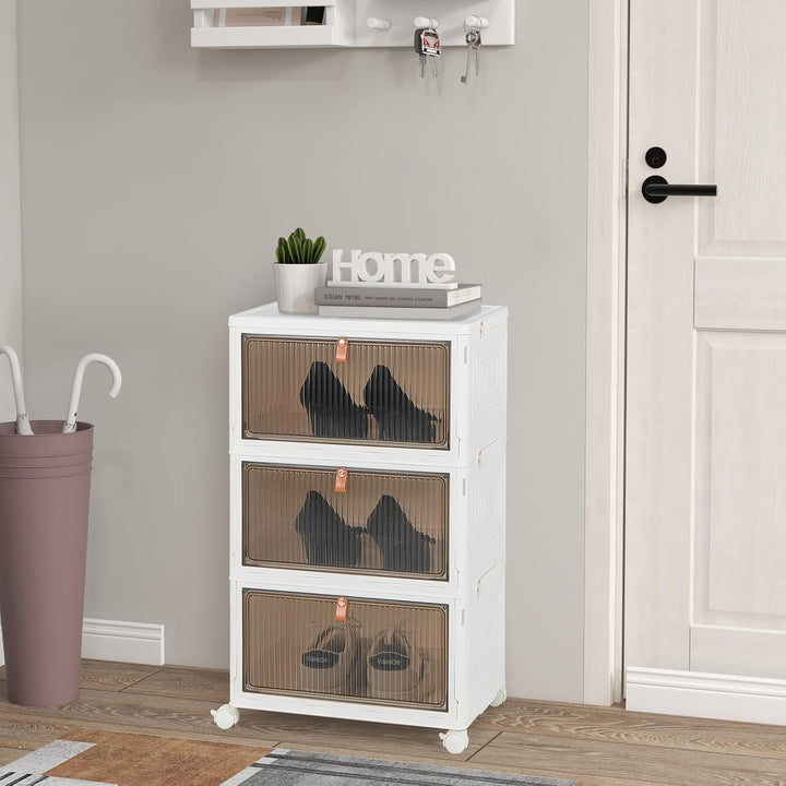 GOPLUS Aufbewahrungsbox mit Deckel, Stapelbare Ordnungsbox mit Türen, Transparent Klappbox mit Rolle