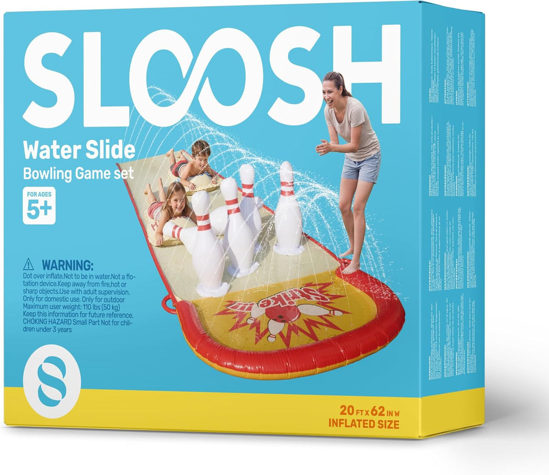Sloosh 22ft / 6,7m Garten-Wasserrutsche mit Bowling-Set – aufblasbare Kegel & Bälle, doppelte Spur m