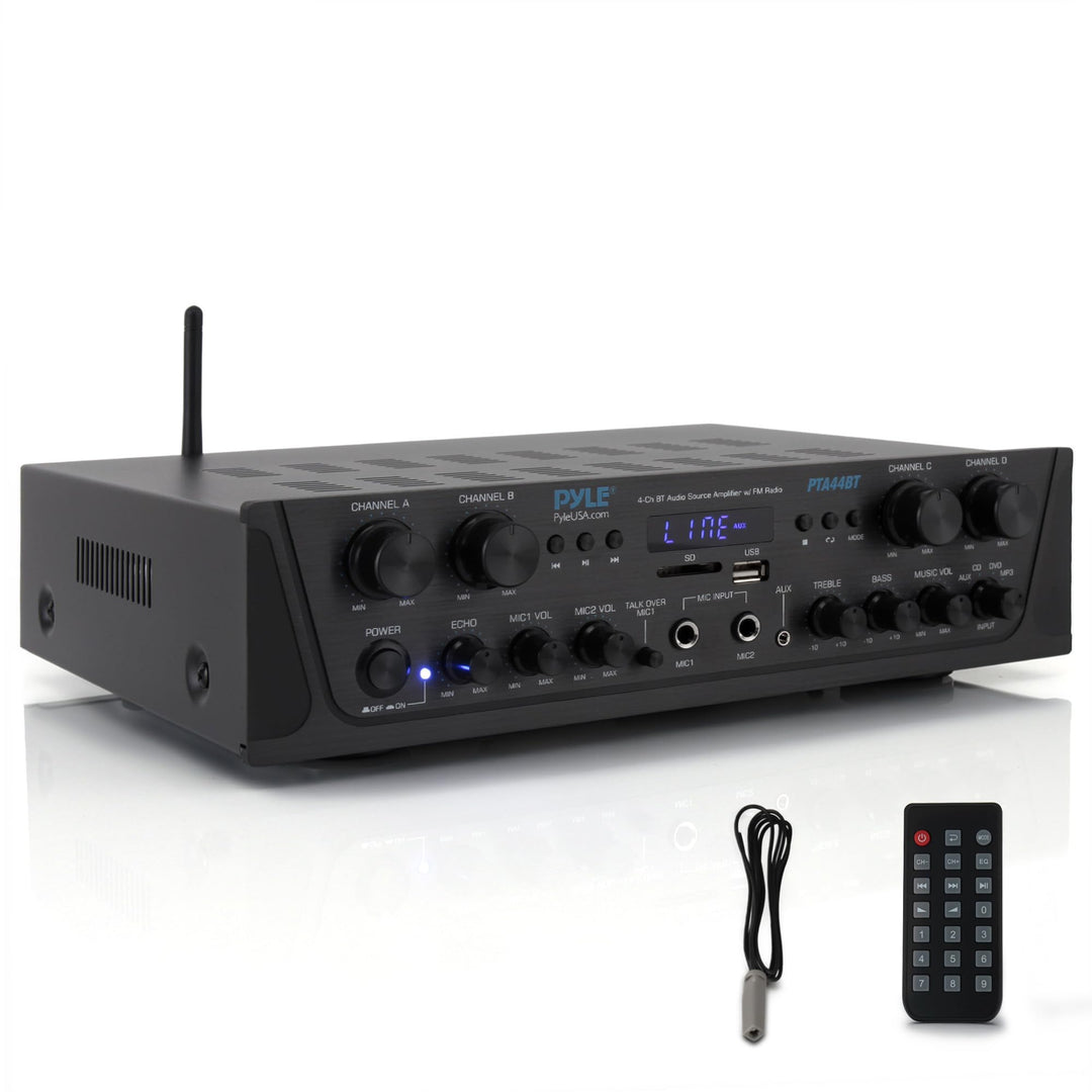 Pyle Bluetooth Stereo Verstärker 500W – 4-Kanal Mini Receiver mit USB, AUX, FM-Radio, Subwoofer RCA