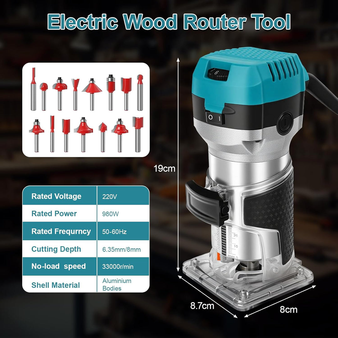 Holzfräse Oberfräse Electric Hand Holz Fräsmaschine mit Koffer - 15 Set Zubehör 980 W 330000 R/min 6