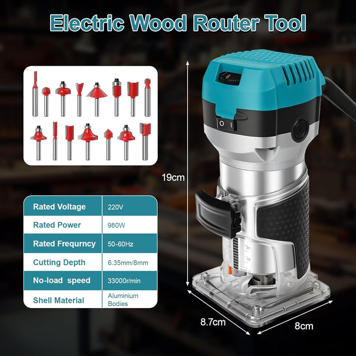 Holzfräse Oberfräse Electric Hand Holz Fräsmaschine mit Koffer - 15 Set Zubehör 980 W 330000 R/min 6