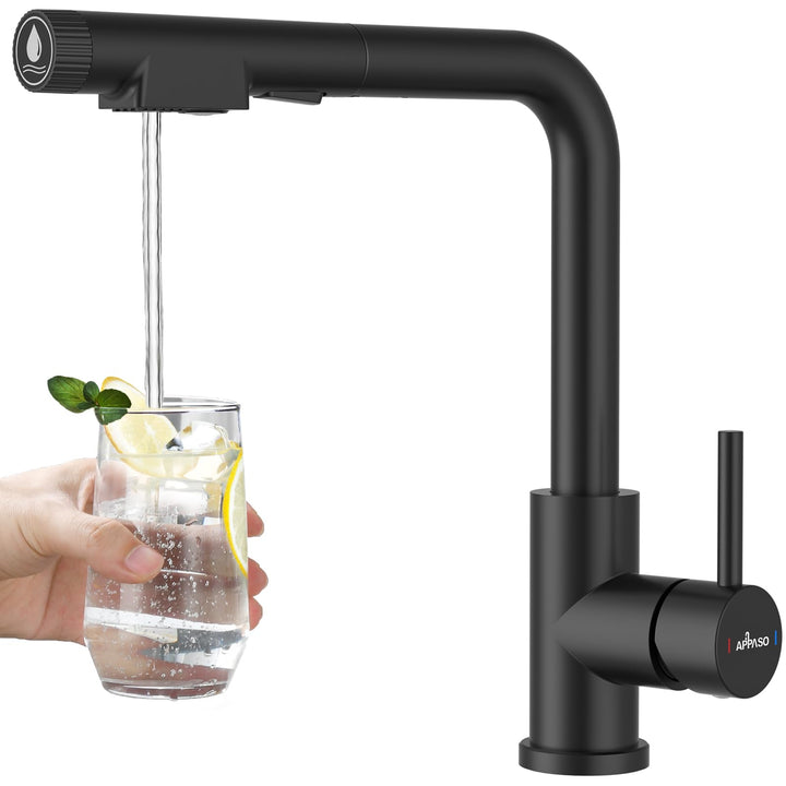 APPASO 3 wege wasserhahn küche Schwarz, küchenarmatur mit ausziehbarer Brause und integriertem Wasse