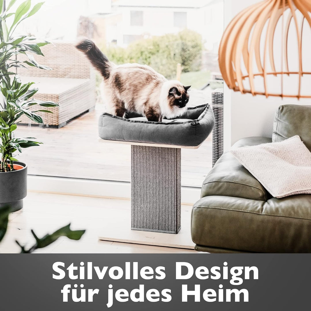 Nemmy Premium Kratzbaum klein grau | Stabiler Kratzstamm extra breit | Katzenbett mit Kissen | Katze