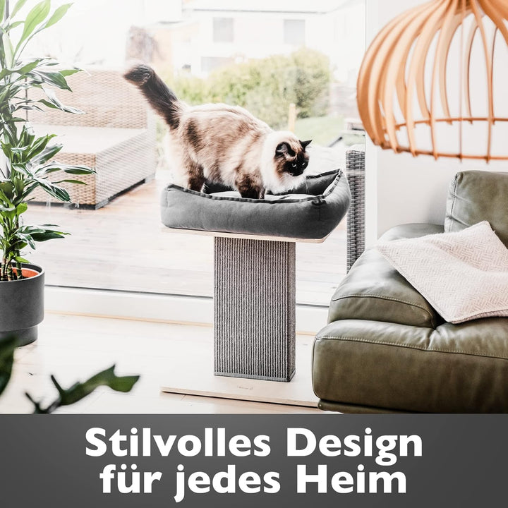 Nemmy Premium Kratzbaum klein grau | Stabiler Kratzstamm extra breit | Katzenbett mit Kissen | Katze