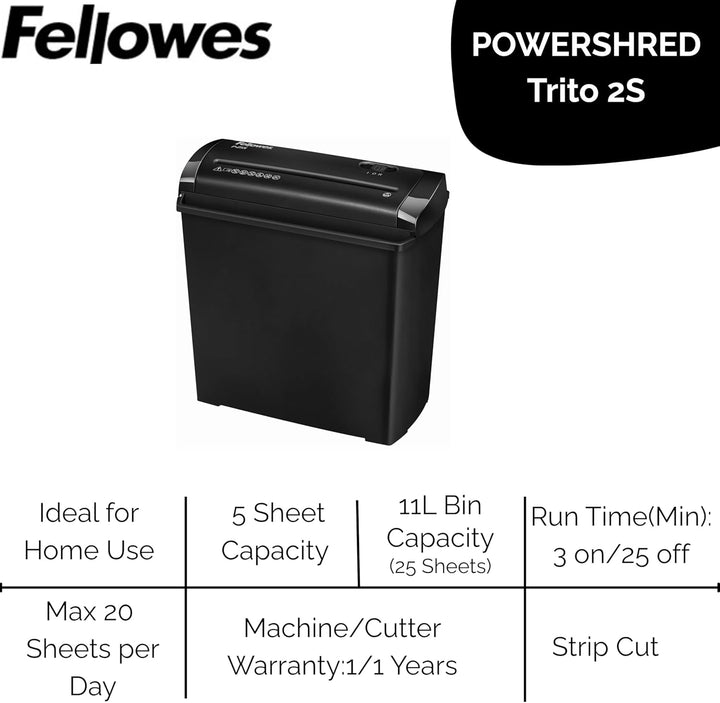 Fellowes Trito 2S – Aktenvernichter, Streifenschnitt, 5 Blatt, schwarz
