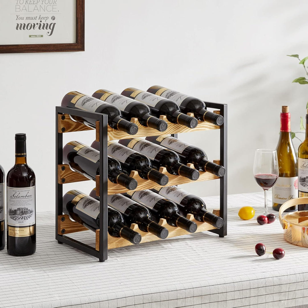 IBUYKE Industrielles Weinregal, Flaschenregal Stapelbar,Mit Metallrahmen, 3 Etagen 12 Flaschen, Flas