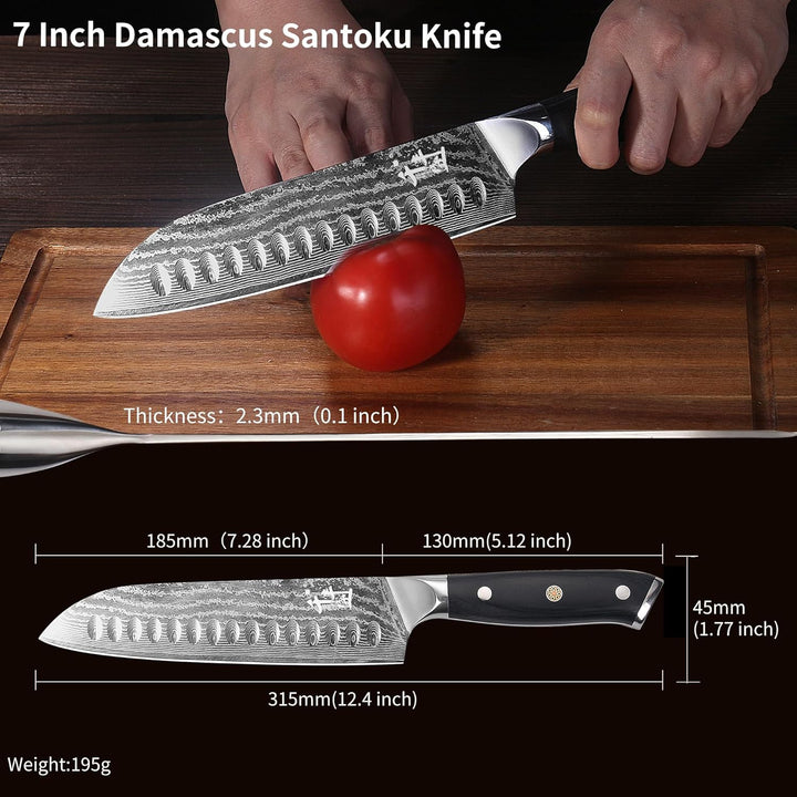 QIANFENGSHENG Damaszener Santokumesser 18 cm, professionelles Küchenmesser mit Holzgriff, Kochmesser