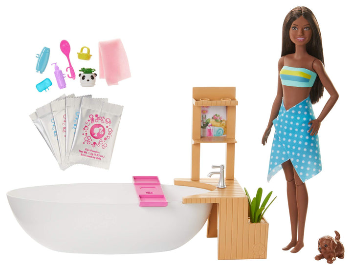 Barbie GJN33 - Wellnesstag Puppe (brünett) und Spielset, mit Badewanne, Hündchen und weiteren Zuebhö