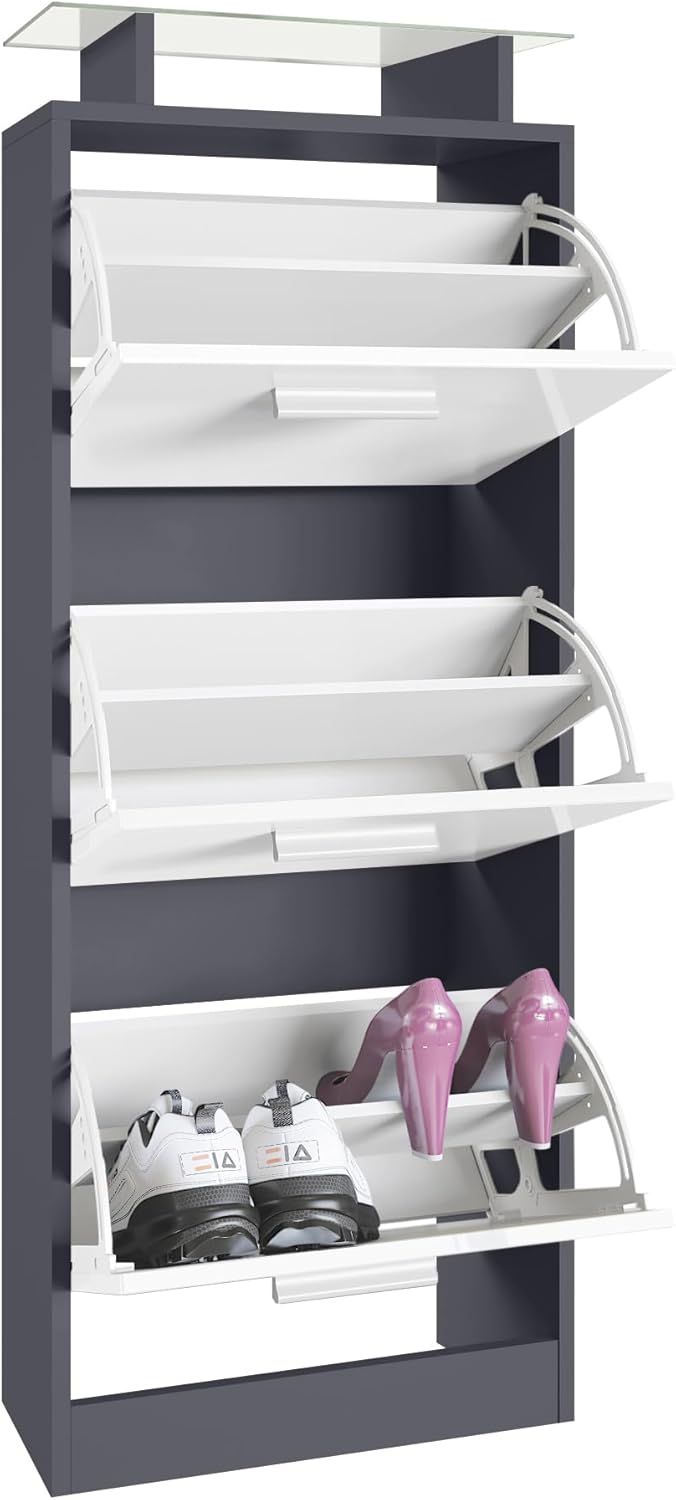 Vladon Schuhschrank Lavia V2, Schuhkipper für 12 Paar Schuhe mit 3 Klappen und Glasablage, Anthrazit