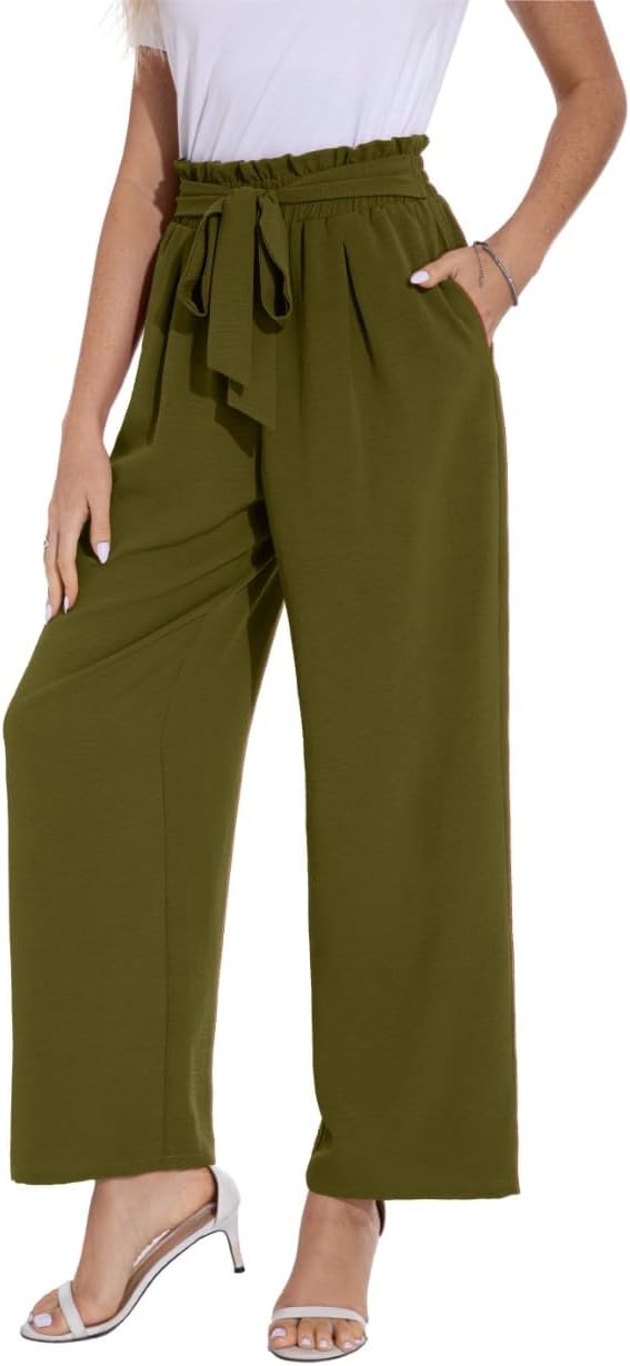 PrinStory Damen Hose Mit Weitem Bein Leichte Elastische Taille Sommer Hose Mit Taschen Kausale Arbei