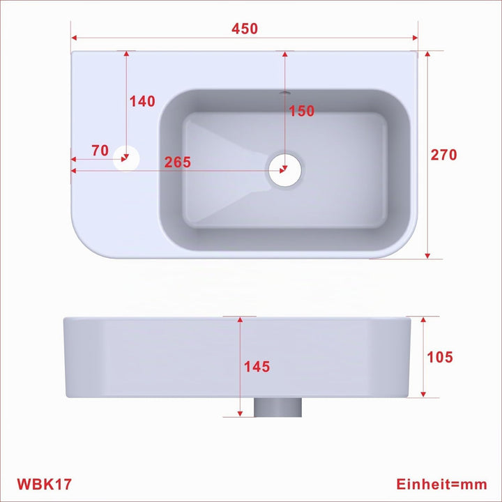 Waschbecken Keramik Waschtisch Hängewaschbecken klein Handwaschbecken Weiss Eckig 45 x 27 cm Badezim