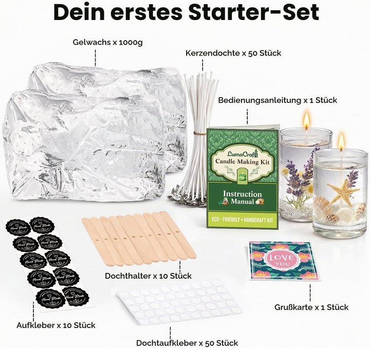 LumaCraft Klares Gelwachs zur Kerzenherstellung – 1000g Transparentes Jelly Wachs mit 50 Dochten, 50