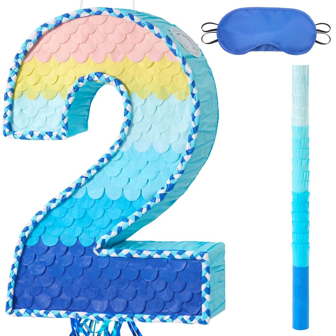 WERNNSAI Nummer 2 Piñata Set - Blaue Deko mit Augenbinde & Schläger | Aus robuster Wellpappe; ideale