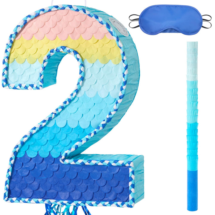 WERNNSAI Nummer 2 Piñata Set - Blaue Deko mit Augenbinde & Schläger | Aus robuster Wellpappe; ideale