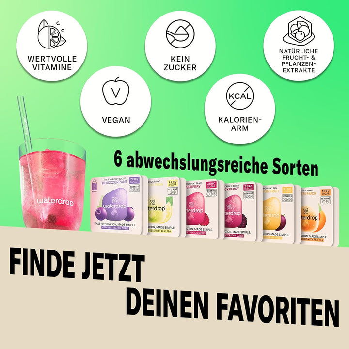 waterdrop® Starter Set Glass – 1x 1L Glass Bottle + 18 Getränkewürfel in 6 fruchtigen Sorten – Probi