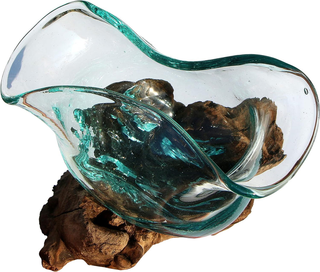 Wogeka - Designer Glasvase Rimini auf Wurzelholz - Blumenvase oder Deko-Glas als Geschenk-Idee zu Ge