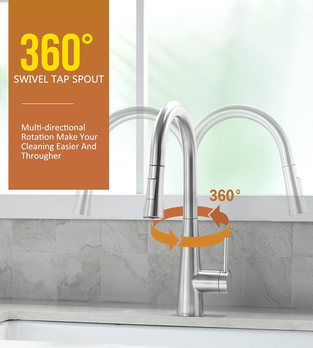 Tohlar Wasserhahn Küche Ausziehbar, Einhand Küchenarmatur Edelstahl Hochdruck Spültischarmatur 360°