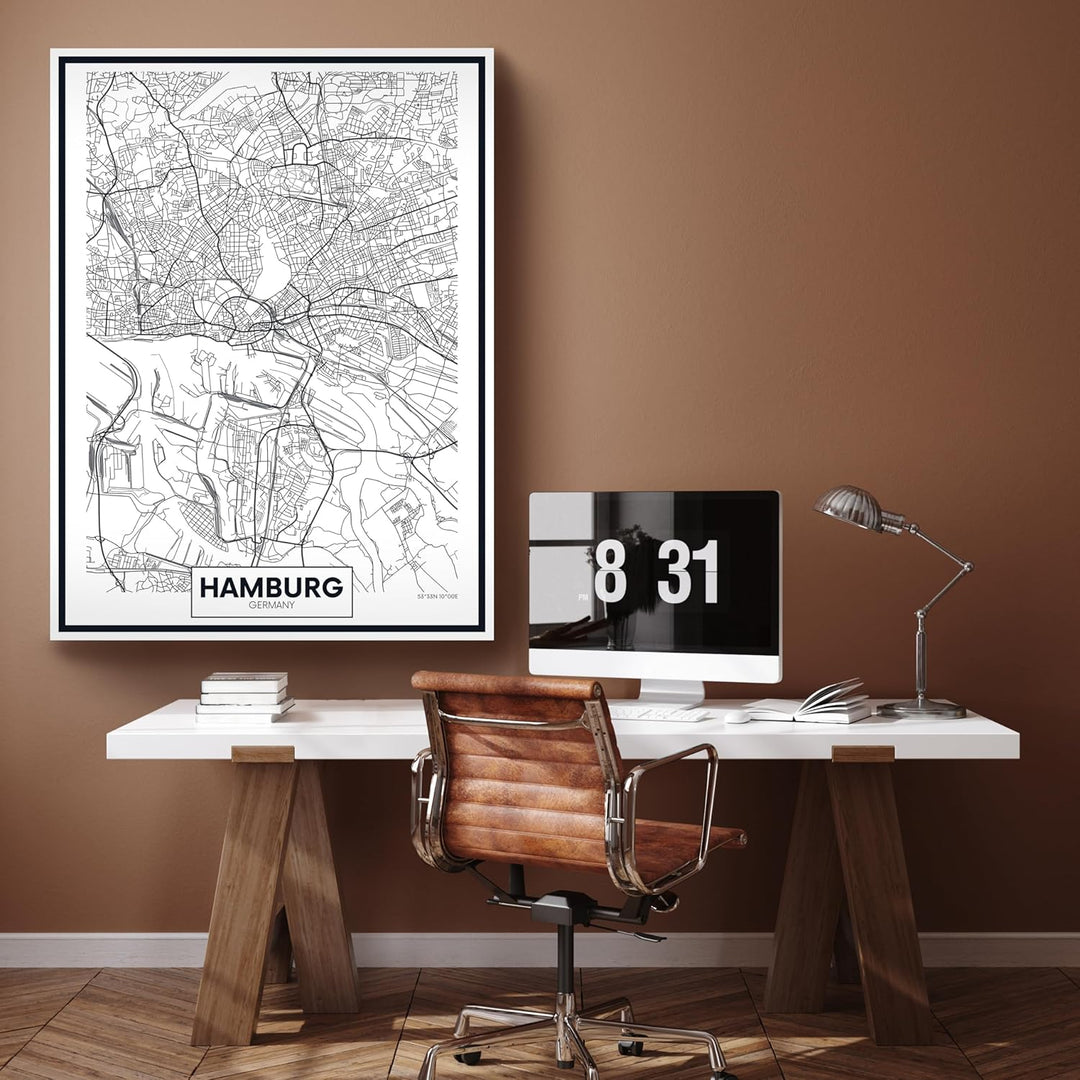 wandmotiv24 Stadt Karte als Leinwandbild, 80x60cm, Hochformat, Hamburg, Deutschland, Plan, Nordsee,