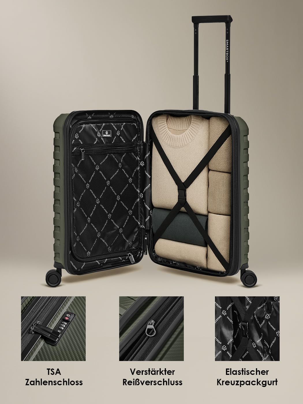Smartbox Hartschalen Kabinen-Koffer | Kleiner Trolley 37 x 23 x 55 cm von 42 auf 48 Liter erweiterba