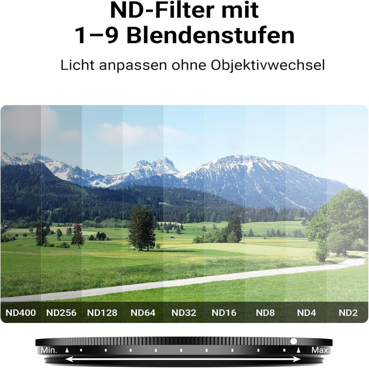 Walimex pro Filterhalter 67 mm für Handykamera, inkl. ND2-ND400 Filter 67 mm, Cold Shoe Mount für LE