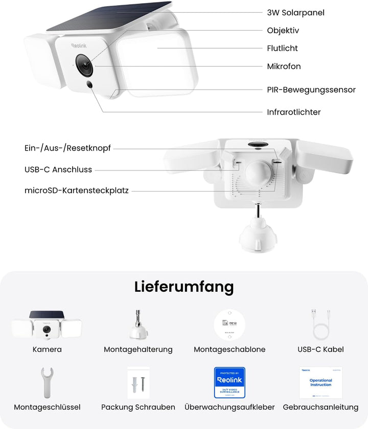 Reolink 2K Überwachungskamera Aussen Solar Akku, 150°Ansicht, bis zu 1000 lm Licht & Sirenenalarm, K