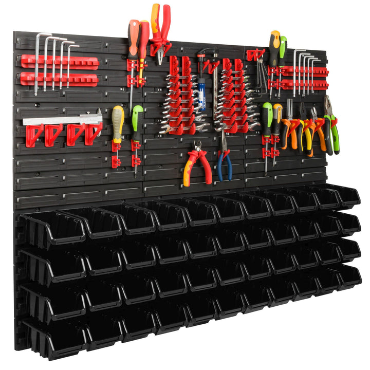 Lagersystem Werkstattregal | 117 x 78 cm | 44 stck. Box | Wandregal mit Werkzeughalterungen und Stap