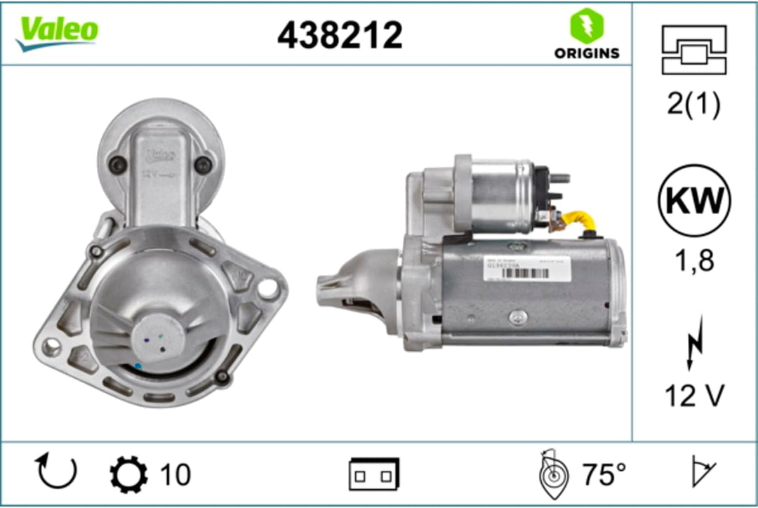 VALEO 438212 Starter Nennleistung: 1,8 kW Stop & Start: NO Zähnezahl: 10 zähne Spannung: 12 V Drehri
