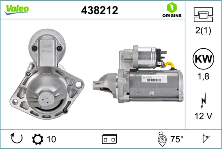 VALEO 438212 Starter Nennleistung: 1,8 kW Stop & Start: NO Zähnezahl: 10 zähne Spannung: 12 V Drehri