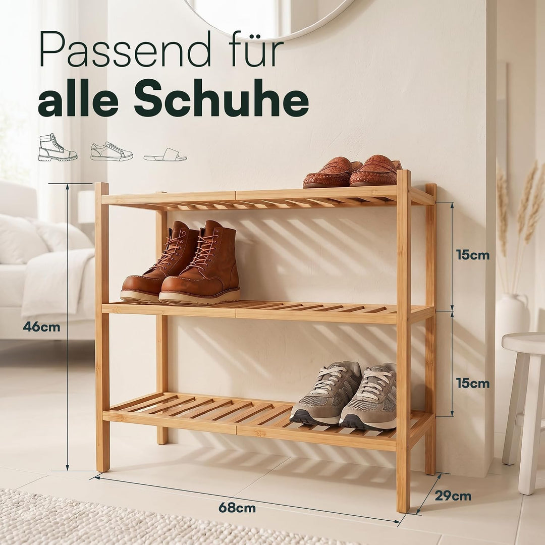 Schuhregal aus Bambus, Schuhablage mit 3 Ebenen, 68 x 28 x 46 cm, Erweiterbar Stapelbar, Schuhschran