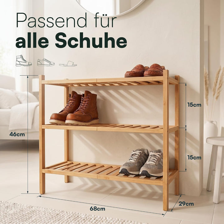 Schuhregal aus Bambus, Schuhablage mit 3 Ebenen, 68 x 28 x 46 cm, Erweiterbar Stapelbar, Schuhschran