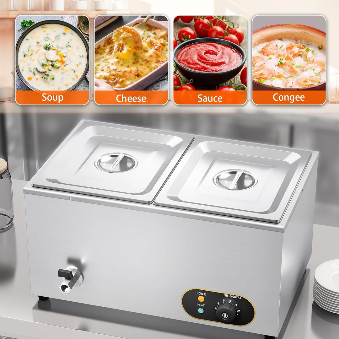 Bain Marie Speisenwärmer Wasserbad Gastro GN-Behältern (GN) 1/2x 2 Warmhalter Edelstahl mit Ablaufha