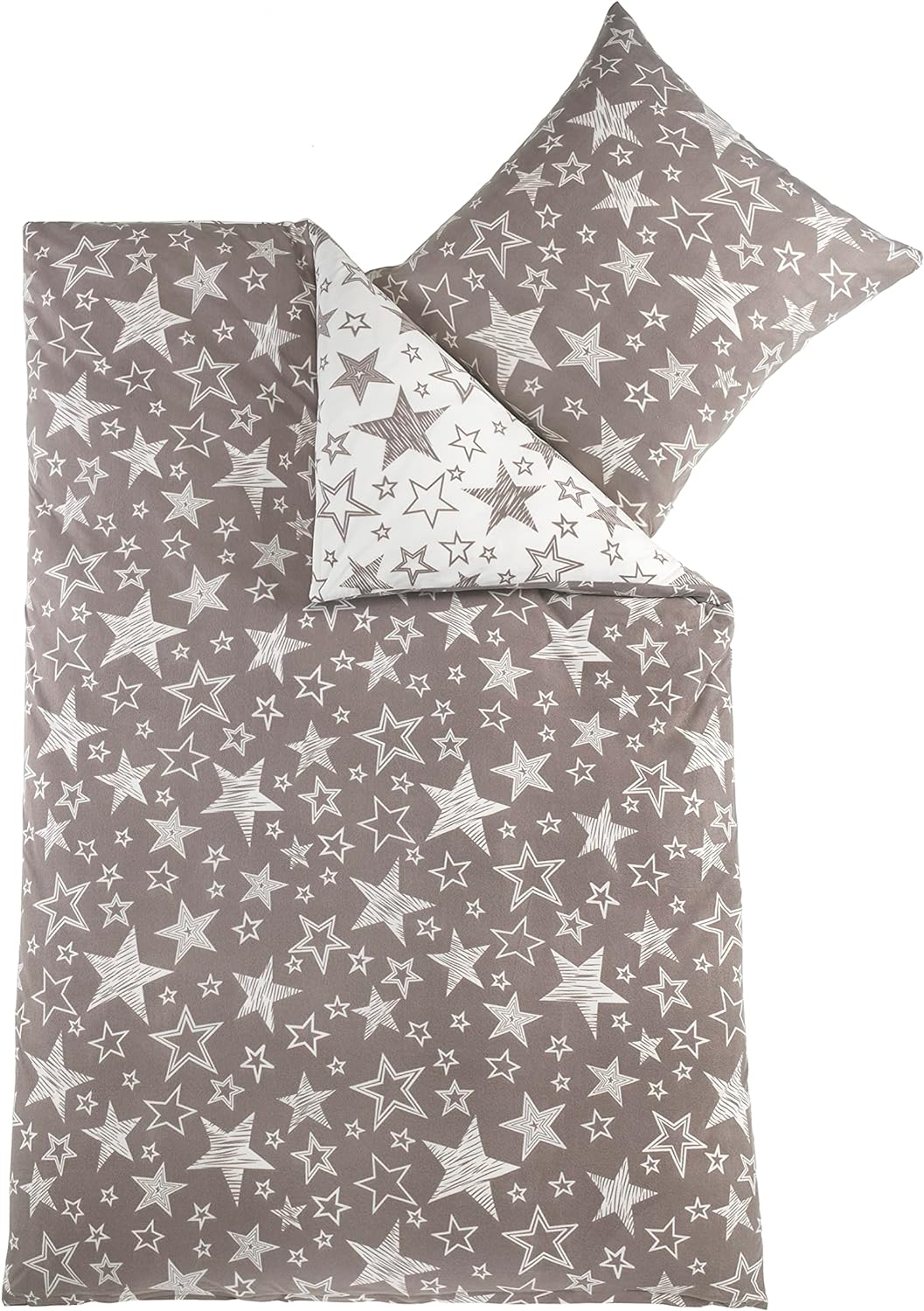BaSaTex 135x200 Microfaser Flausch Bettwäsche Sterne grau Weiss Taupe Fleece Thermofleece 4tlg.Set 2