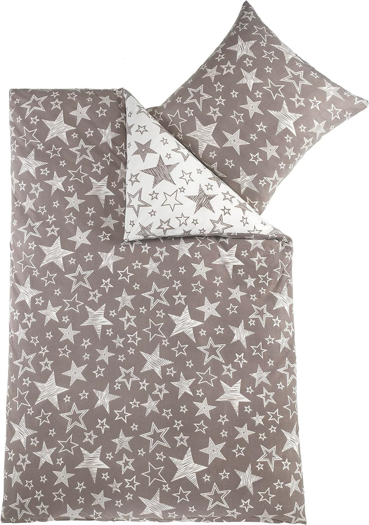 BaSaTex 135x200 Microfaser Flausch Bettwäsche Sterne grau Weiss Taupe Fleece Thermofleece 4tlg.Set 2
