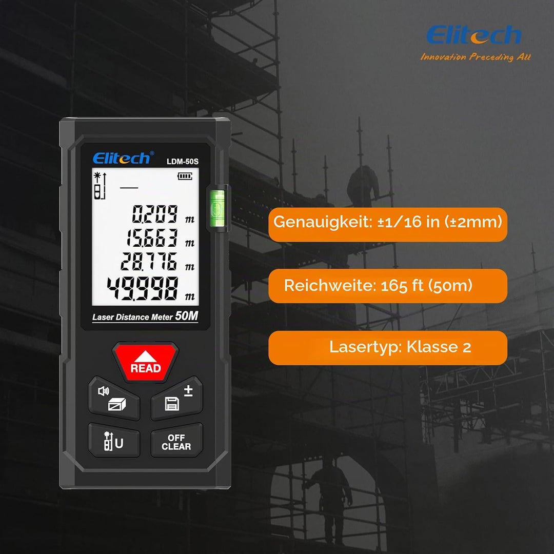Elitech LDM-50-Series Laser Entfernungsmesser 50m Reichweite, ±2mm Genauigkeit, Flächen-/Volumen-/Py