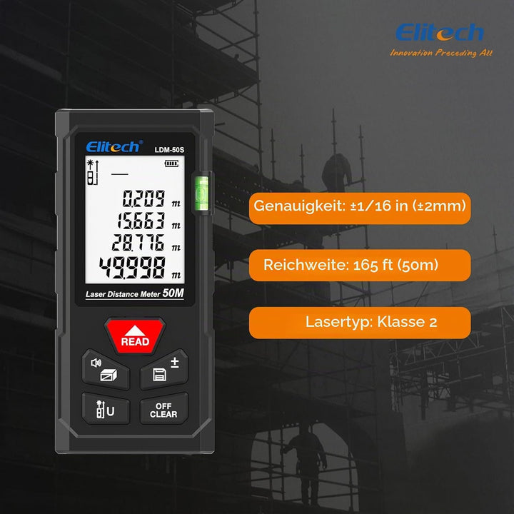 Elitech LDM-50-Series Laser Entfernungsmesser 50m Reichweite, ±2mm Genauigkeit, Flächen-/Volumen-/Py