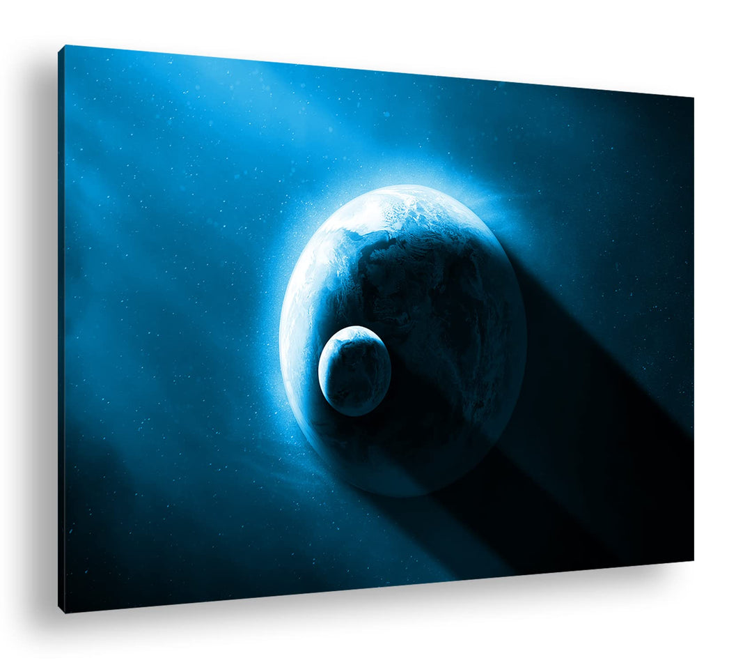 deyoli Dark Planet Erde mit Mond Format 80x60 Effekt: Monocrome Blau als Leinwandbild, Motiv fertig