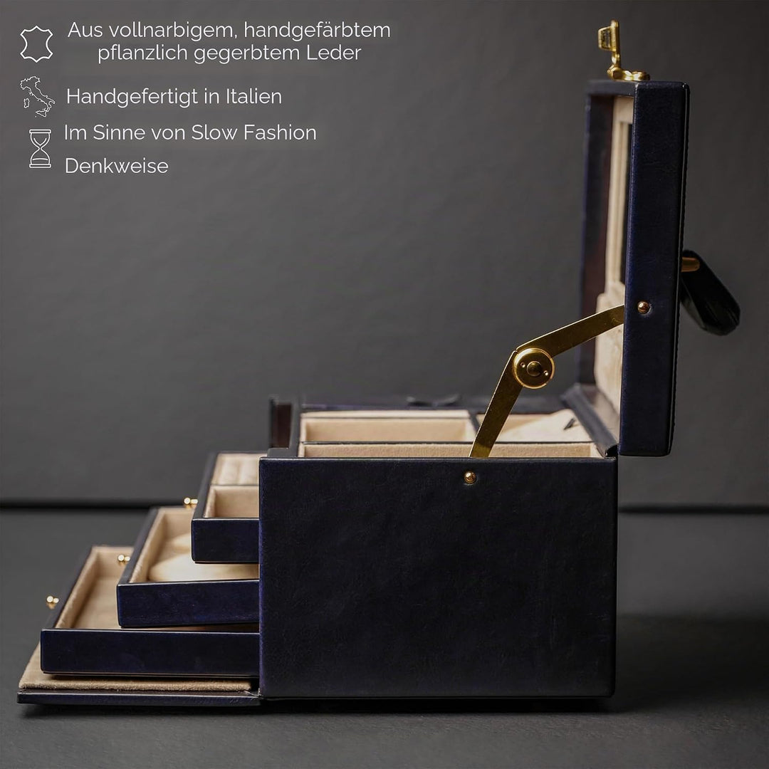 Time Resistance Marineblau Leder-Schmuckkästchen Vollnarbenleder Schmuck Organizer Aufbewahrung von